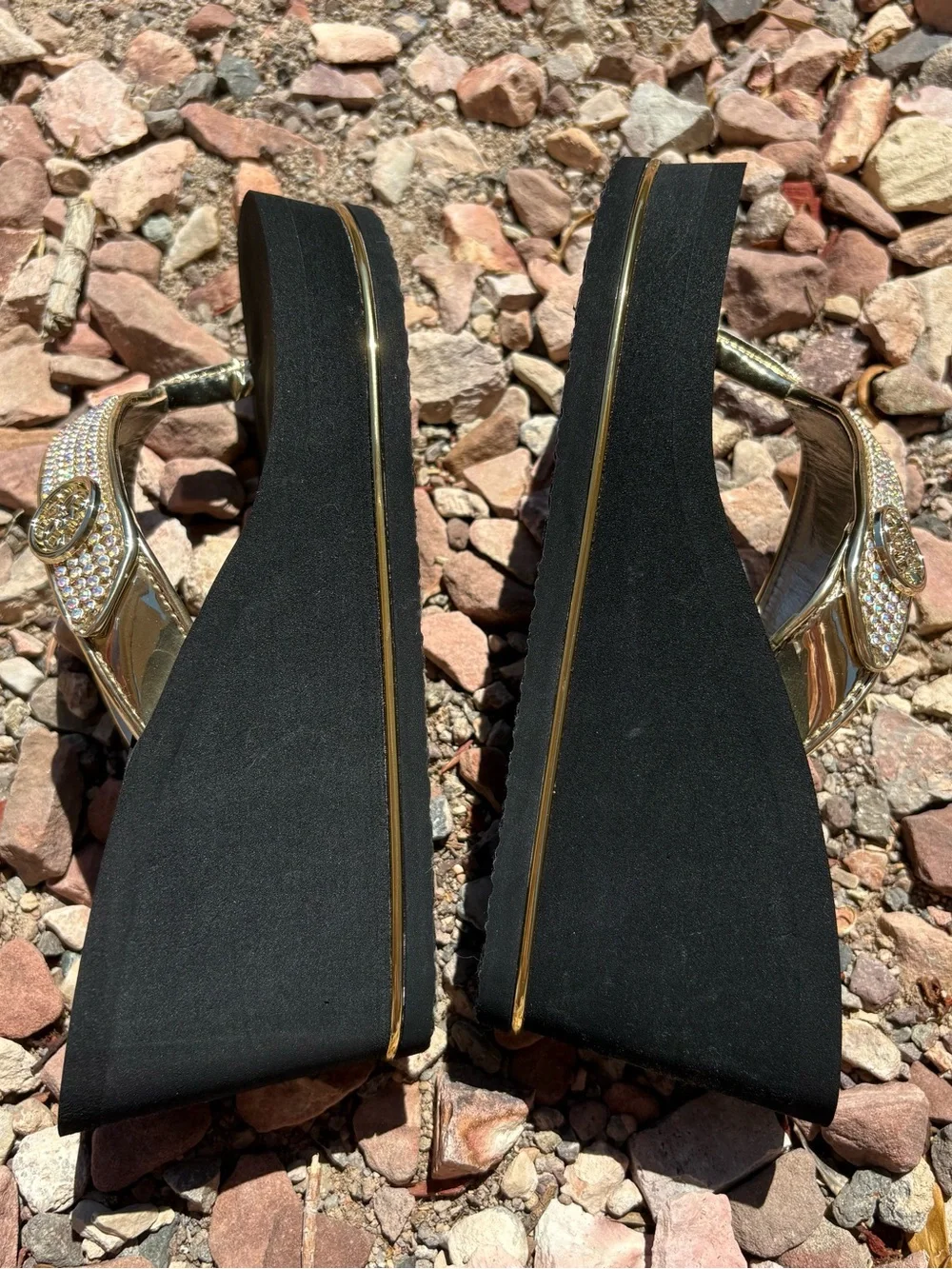 GUESS Sarraly 4 Gold Rhinestone Wedge Sandals Size 8 NIB W Crystal Accents